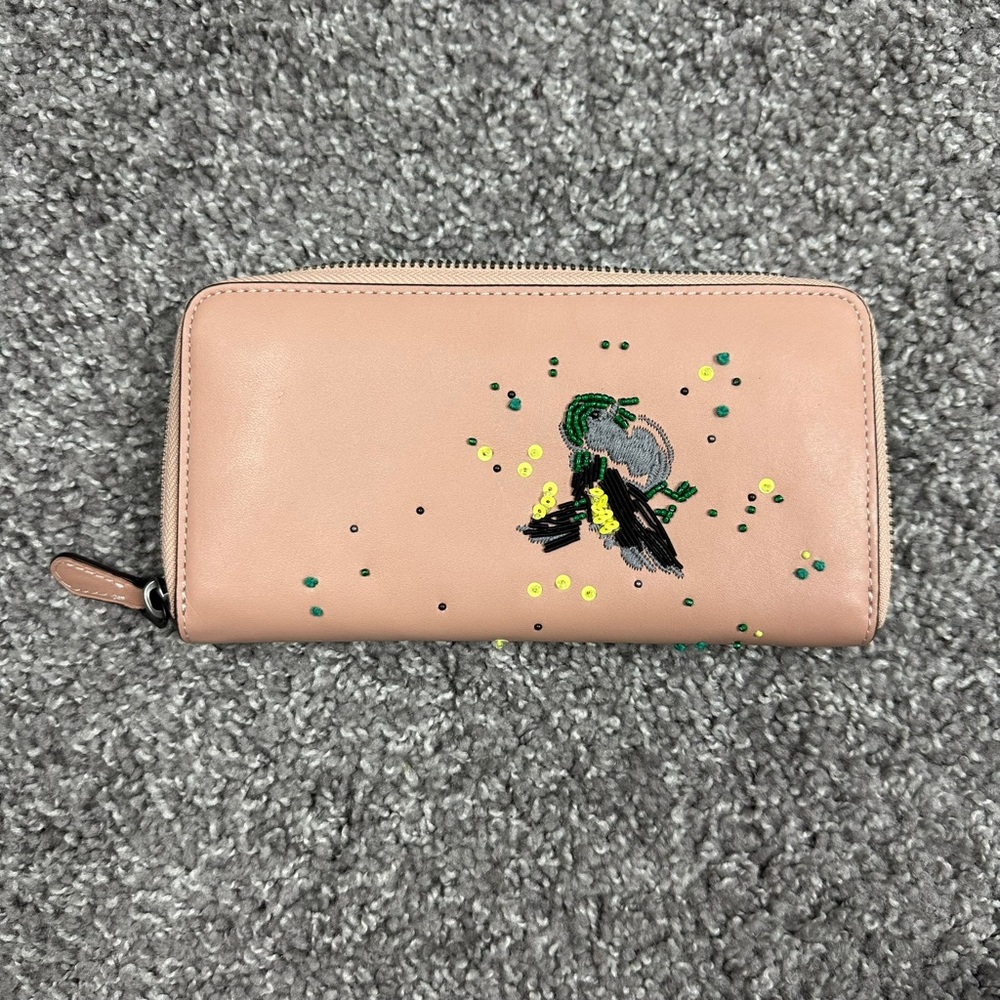 Coach Meadowlark Songbird Large Accordion Women Beading Stitching Leather Wallet - Picture 3 of 16